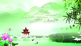 中国风 荷花 柳树 古亭