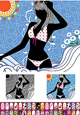插画风格女孩人物及指甲彩绘矢量素材