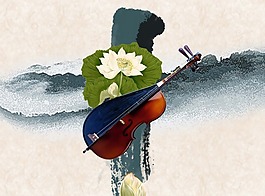 中國風海報設計荷花小提琴