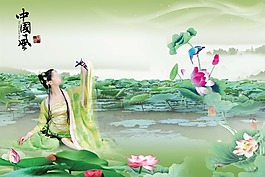 中國風(fēng)展板掛畫荷花美女