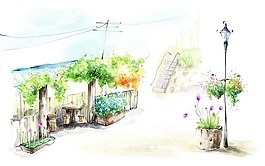 韓風手繪水彩插畫街景