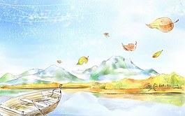 韓風手繪水彩插畫泛舟湖上休閑