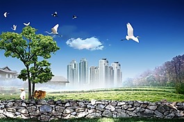 石頭墻大樹(shù)草地遠(yuǎn)處的大廈