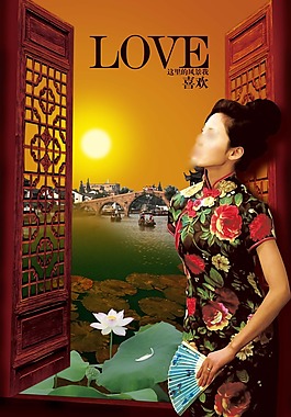 美女窗外的風景荷花