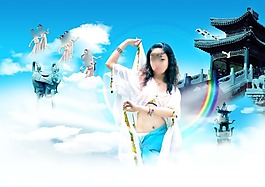 天空云朵上跳舞的女孩