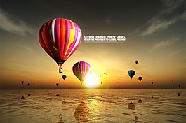 日落風景圖片 熱氣球PSD素材