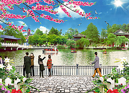 公園風景中堂畫圖片