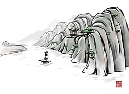 水墨繪畫山船 河
