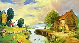 油画风景 山村油画图片