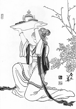 劉公華白描人物-015 花間小酌