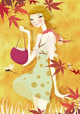 手繪楓葉美女素材
