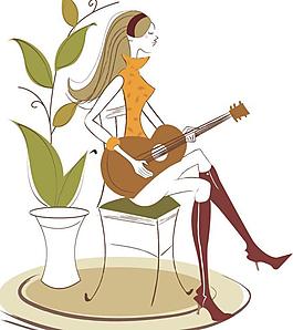 韓國(guó) 插畫(huà) 美女 音樂(lè) 吉他圖片