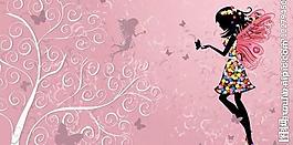 浪漫花紋樹木 蝴蝶天使女孩圖片