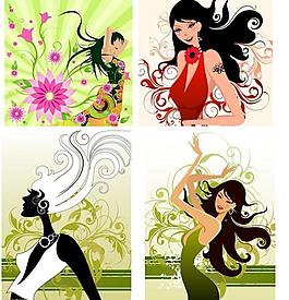 时尚女性与花纹插画矢量素材3图片