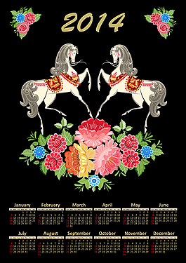 2014白馬鮮花年歷矢量素材