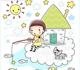 小孩钓鱼图片