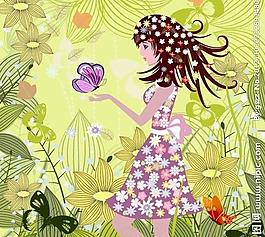 浪漫夢幻花紋花朵 蝴蝶女孩圖片