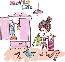 插画  手绘  女孩 室内