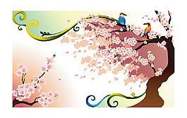 桃花小鳥裝飾背景