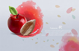 紅色墨痕上的紅蘋(píng)果和黃葉