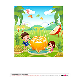 小男孩和小女孩在水果乐园玩耍