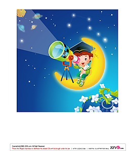 小男孩在月亮上用望眼鏡看星空