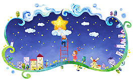 夜晚白云上的梯子和星星