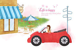 咖啡店外的紅色汽車