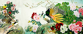 高清装饰素材牡丹花丛中的雉鸡