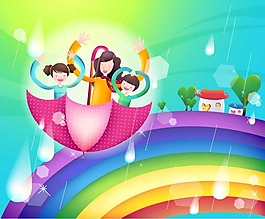 母子彩虹下雨矢量图片