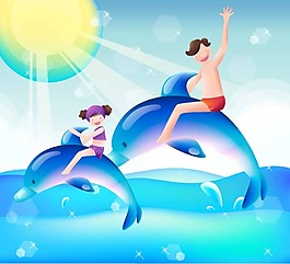 父女游泳海豚卡通矢量圖