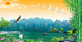 合成特效湖水飛鳥背景墻素材