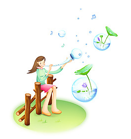 少女吹泡泡卡通矢量图