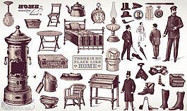 歐洲復(fù)古人物與家具物件矢量素材