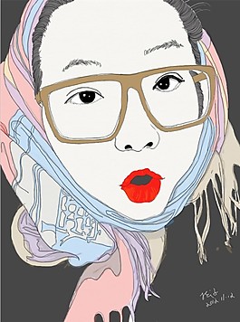 手繪圍巾紅唇少女