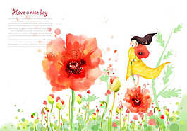 紅色花朵和小女孩插畫