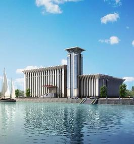 河邊政府大院高樓建筑圖片