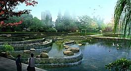 城市小池塘景觀公園圖片