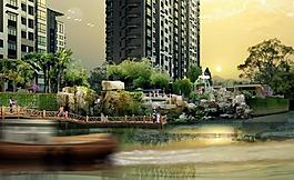 高檔小區(qū)景觀效果圖圖片