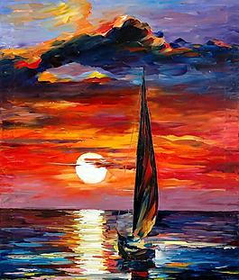 油画 夕阳帆船图片