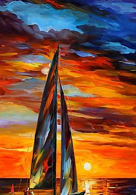油画 夕阳帆船图片