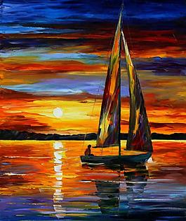 油画 夕阳帆船图片