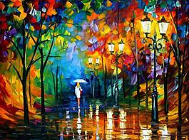 油畫 雨夜漫步圖片