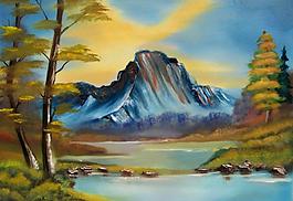 油畫 高山湖泊圖片