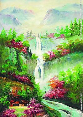 瀑布油畫圖片