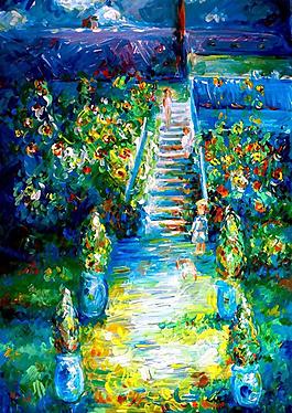 油画 石梯花丛图片