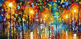油畫 雨夜圖片