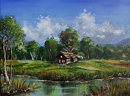 油画 河岸小木屋图片