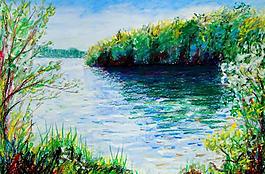 油畫 湖景圖片