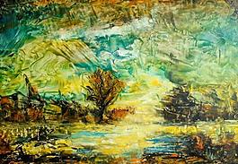 油畫 夕陽湖景圖片